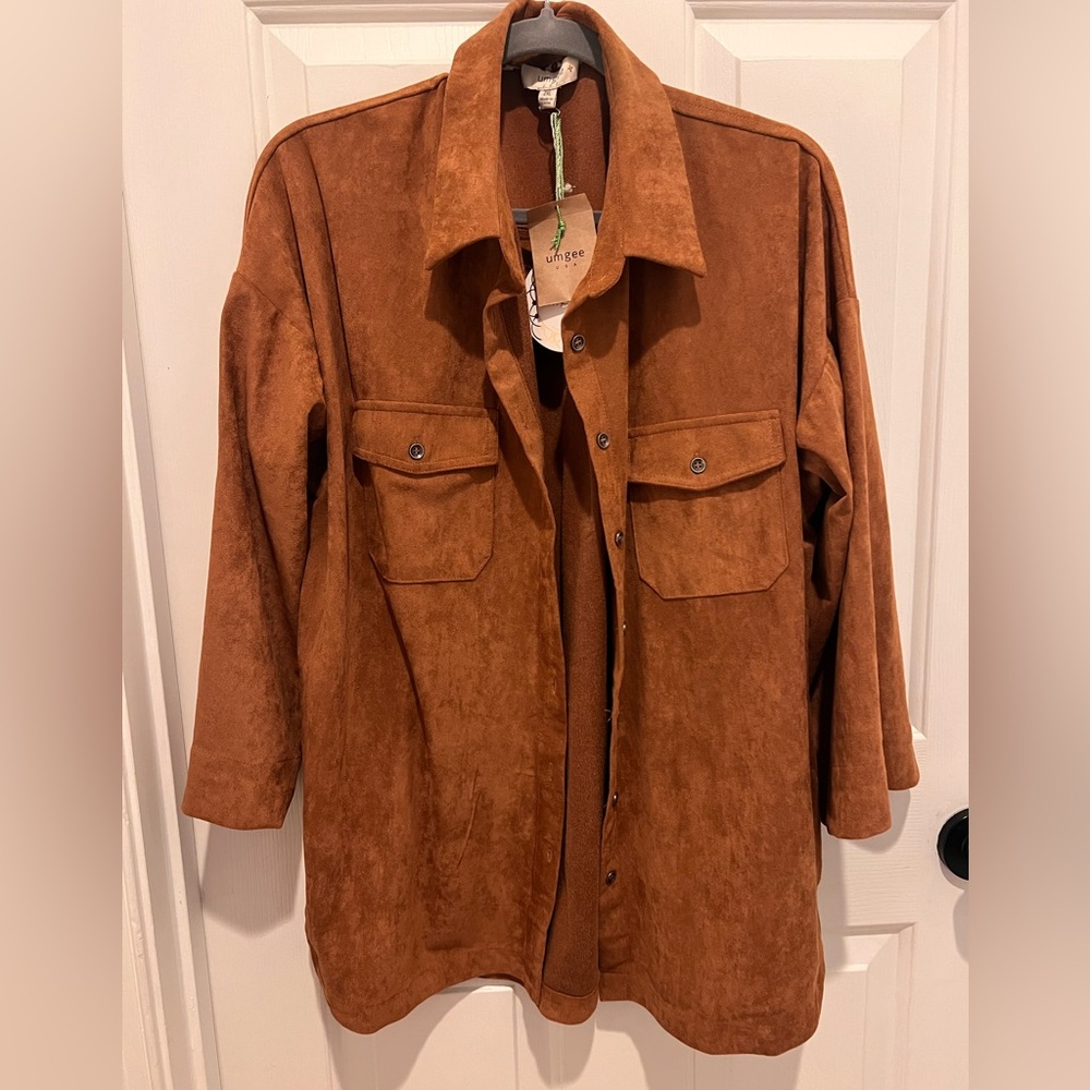 Umgee Tan Suede-Feel Collared Shirt/Jacket - 2X